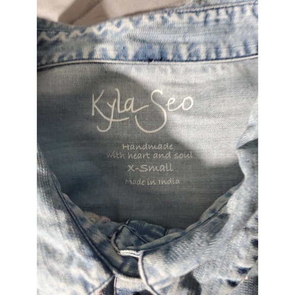Kayla Seo Button Down Embroidered Chambray Light Wash Blue XS 3/4 Tab Sleeves - Picture 15 of 15